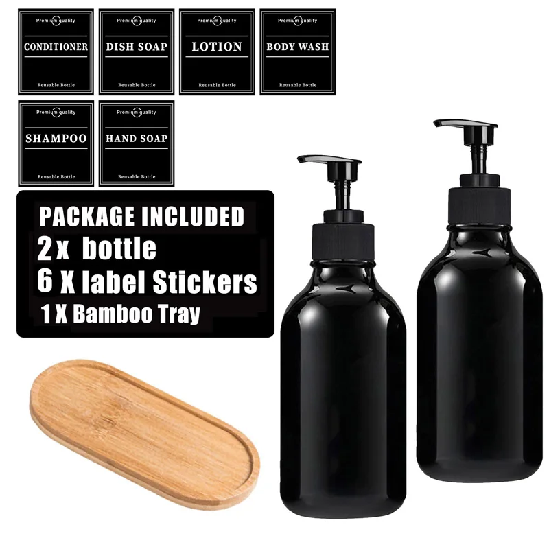 

500 мл черная пустая бутылка, набор дозаторов для шампуня, контейнер для хранения геля для душа в ванной комнате с белой/черной этикеткой, аксессуары для ванной комнаты