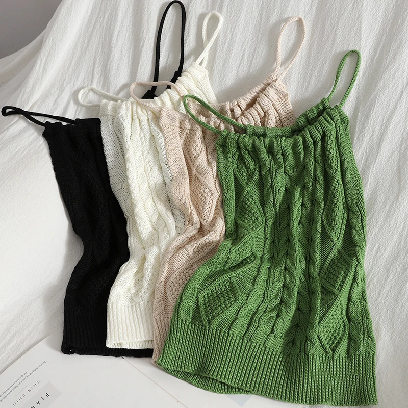 Tank top women knitted crop tops solid color spaghetti strap tanke top camis for woman off shoulder omighty camisole hot