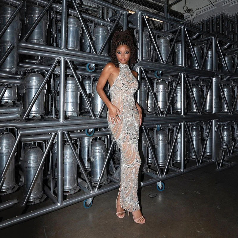 Women Sexy Mesh Sequins Split Fishtail Dresses Female V-Neck Long Sleeve Maxi Dress Summer Elegant Lady Party Evening Long Dress