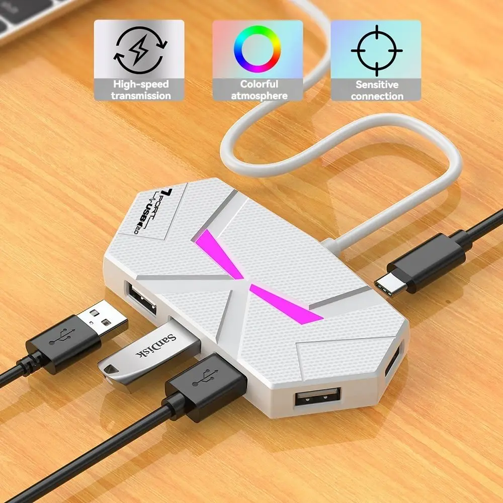 Фото USB-док-станция на 4/7 портов Type-C с цветной подсветкой, USB-разветвитель, адаптер, стабилизированный источник питания PD, USB 3.0 HUB-разветвитель №2