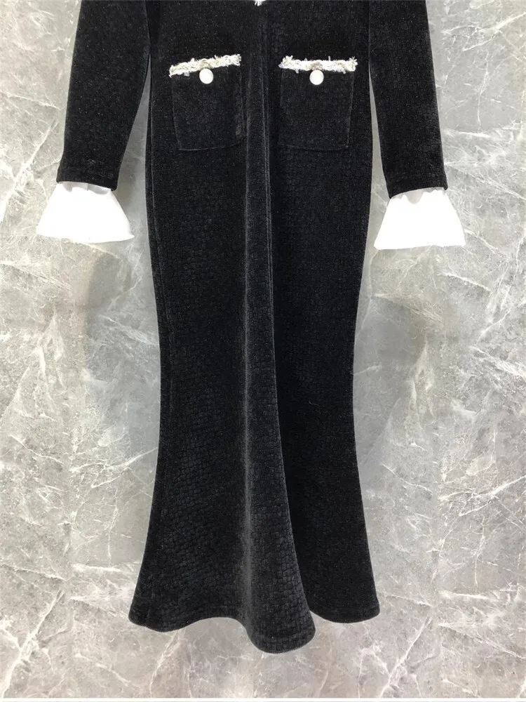 Quality Autumn Winter White Black Velvet Long Sleeve Mermaid Fishtail Evening Dress For Women Pencil Midi Party Dresses Lady