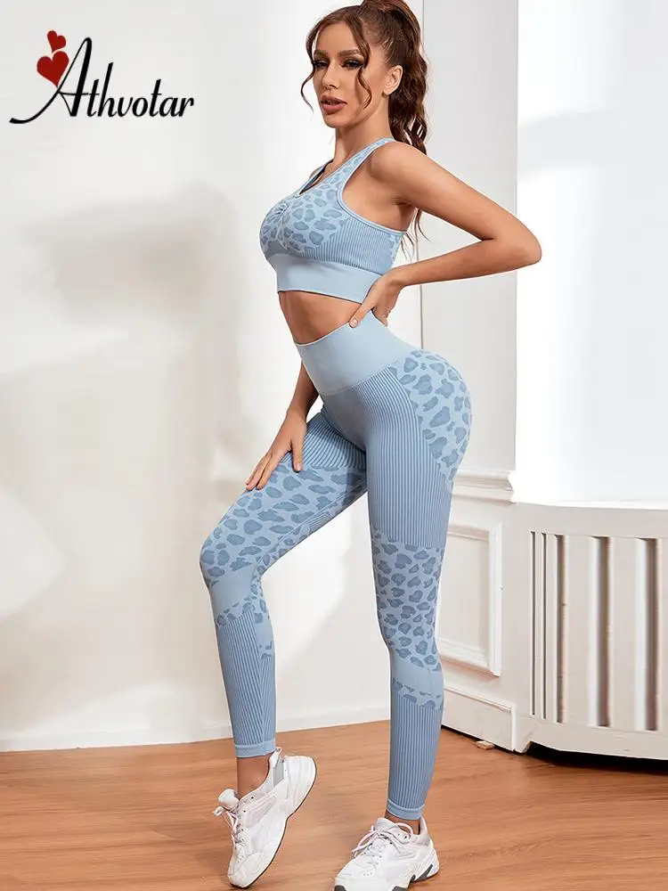 Спортивные костюмы ATHVOTAR с леопардовым принтом Женский бесшовный комплект из 2
