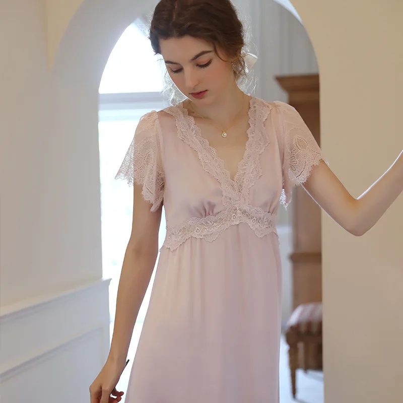 

Sexy lace nightdress women summer gentle sweet and elegant ice silk pajamas قميص نوم ستان طويل sexy sleepwear