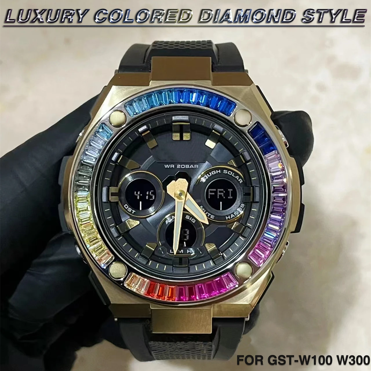 

Luxury Colored Diamond Watch Bezel for G-Shock GST- W300 W100 Watch for Casiok Stainless Steel Case DIY Modification Accessories