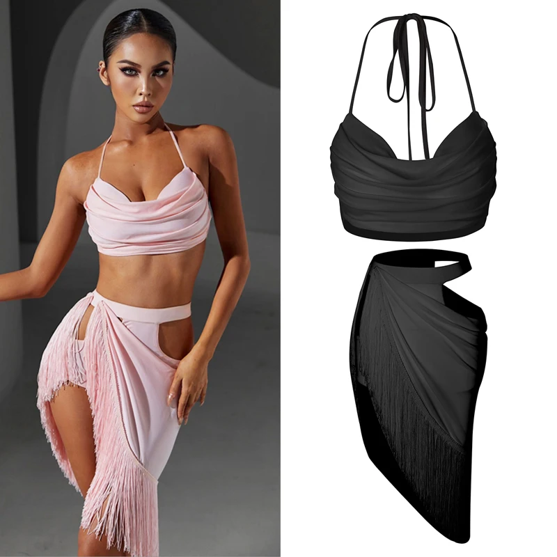 

Women Sexy Summer Latin Dance Dress Competition Clothing Bra Tops Fringe Skirt Cha Cha Samba Performance Practice Wear