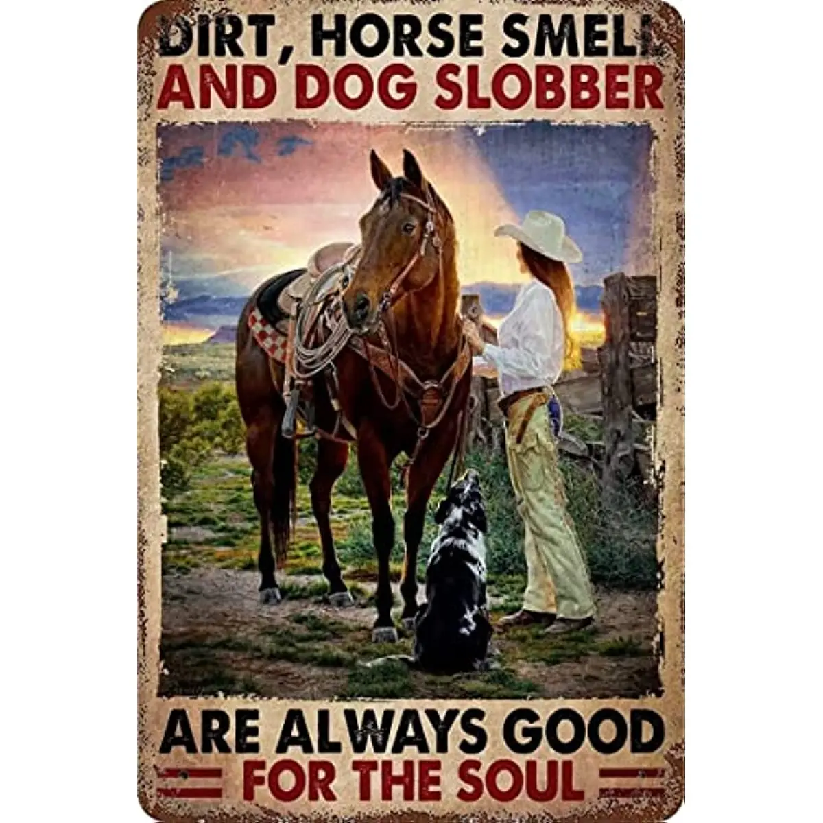 

Винтажный жестяной плакат с изображением верховой езды девушки, с запахом грязи, лошади и собакой для души, металлический плакат, Настенный декор, табличка для дома, сада, бара, комнаты