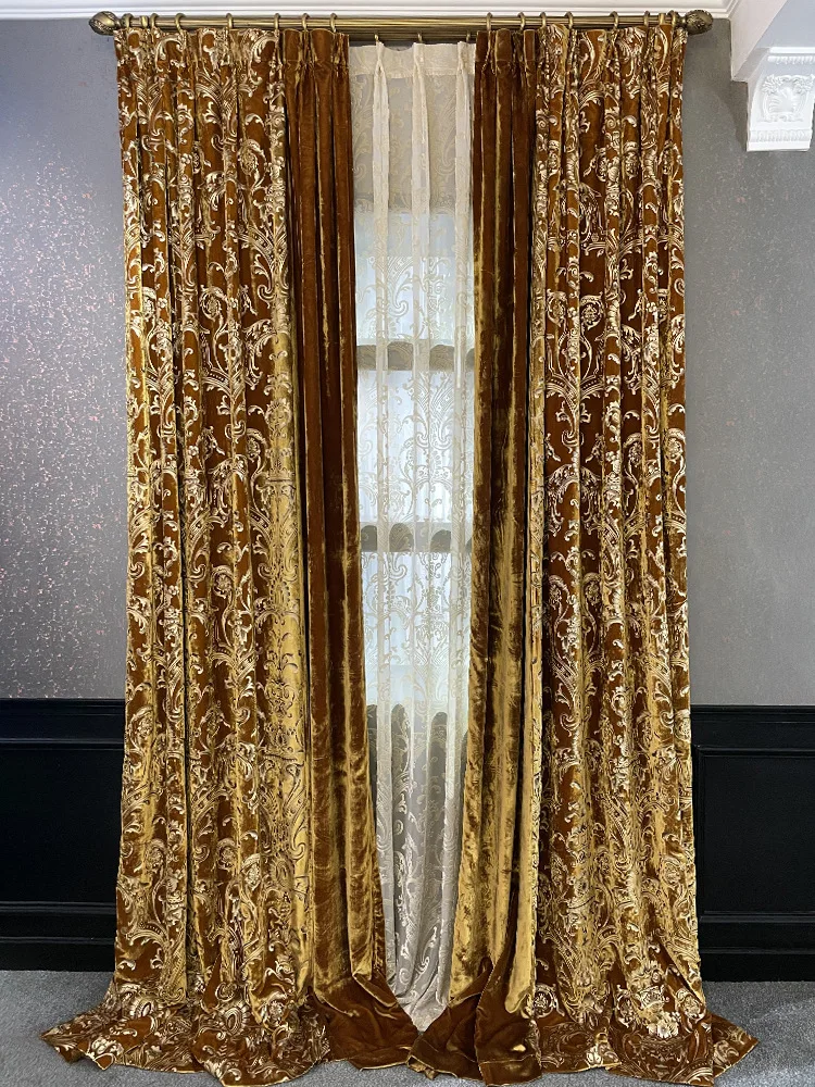 

Custom curtain high-end real velvet villa living room gold luxury retro American thick cloth blackout curtain tulle drape C1427