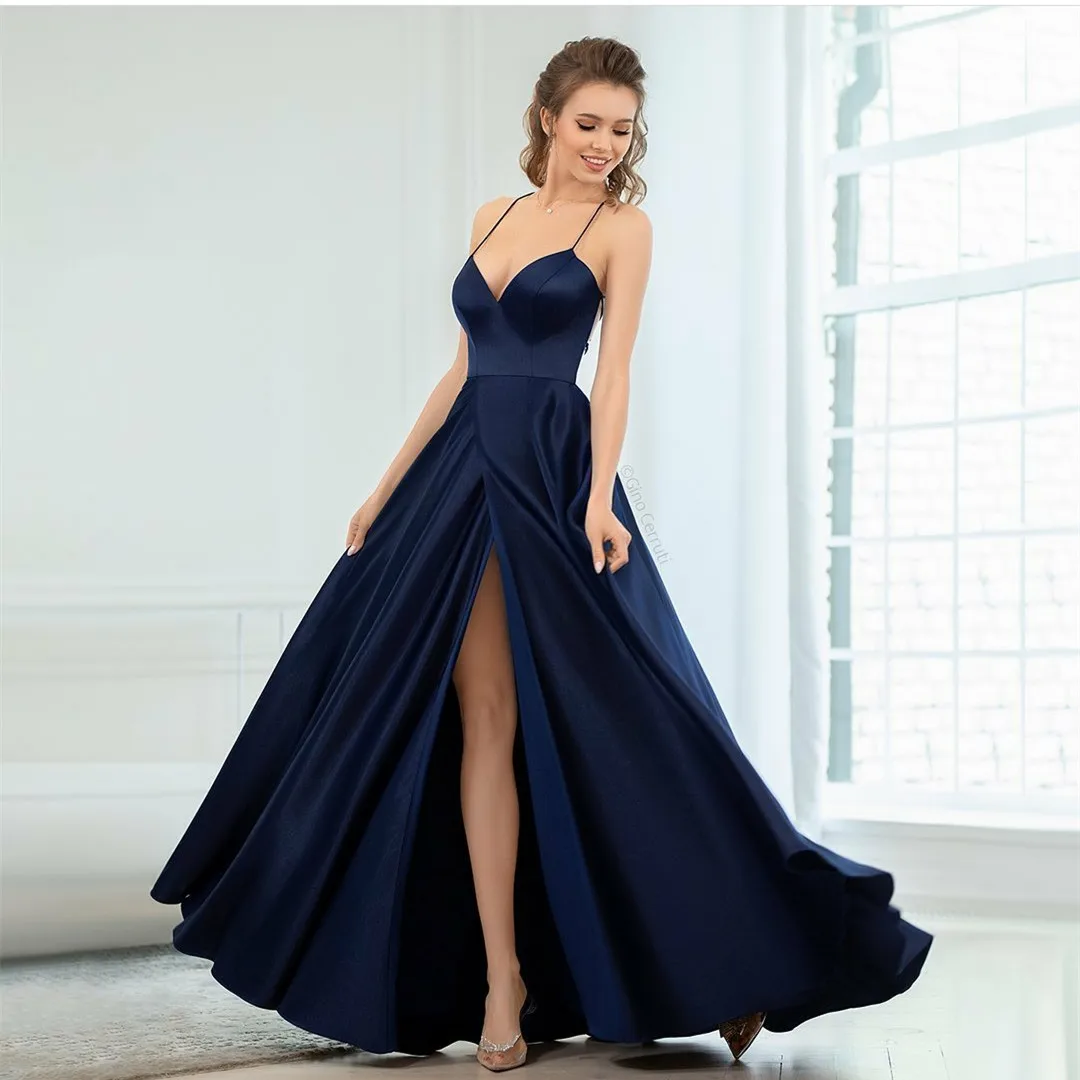 

Vintage Long Satin V-Neck Prom Dresses With Pockets A-Line Spaghetti Floor Length Slit Abendkleider Robes de Soirée for Women