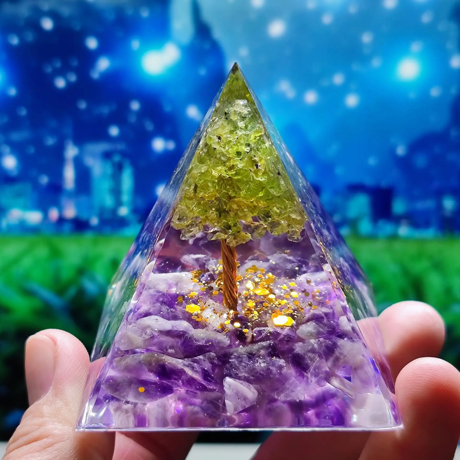 7 Colored Chakra Pyramid Natural Crystal Ball Crushed Stone Tree Of Life Orgonite Pyramid Home Decor Crafts Car Office Ornaments