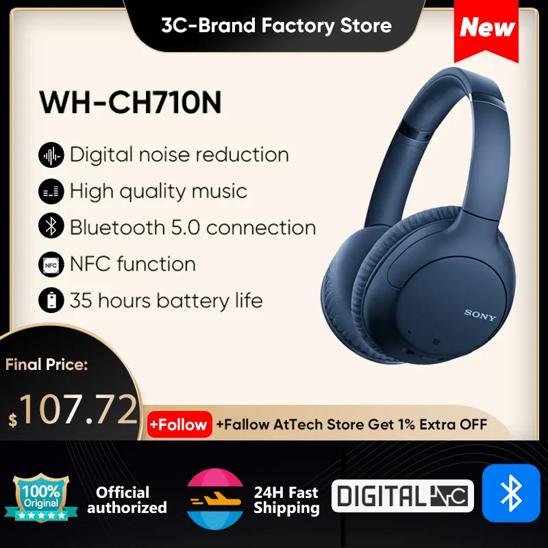 

Sony WH-CH710N Wireless Bluetooth Headphones Noise Over-ear Headset Hi-Res Wireless NFC Voice Assistant HiFi Headsets USB Type C