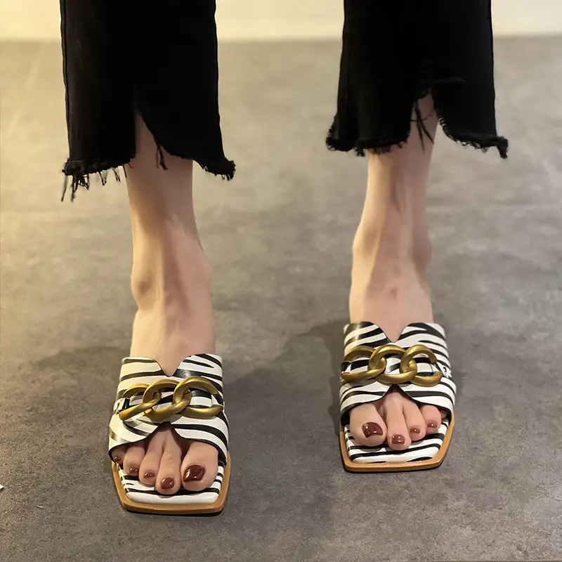 

Elegant Women Sandals Thick Heel Zebra Stripes Open Toe Simple Design Trendy Comfortable Slippers Casual Ladies Summer Shoes