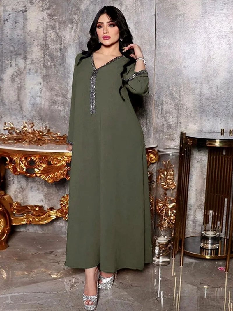 Arabic Long Dress Jalabiya Women Rhinestones Gandoura Muslim Ramadan Loose Casual Abaya Moroccan Caftan Dubai Islam Saudi Kaftan