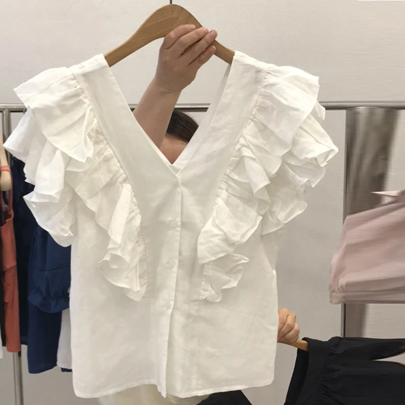 

VANOVICH 2022 Summer New Korean Sweet Solid Color V-neck Temperament Butterfly Sleeve Short Shirt Women's Fashion Casual Top