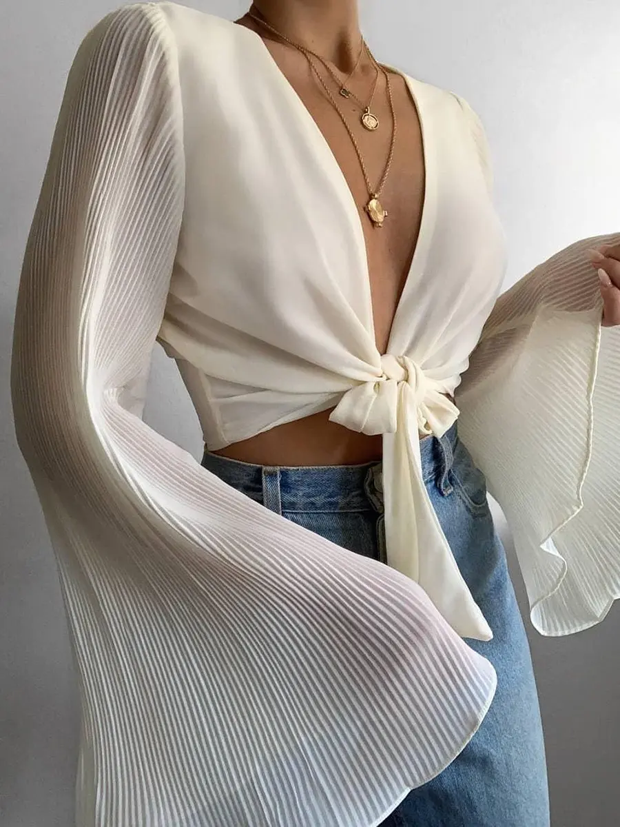 OEING Women Long Flared Sleeves Tied Up Front Crop Tops Chic New Solid Color Deep V Neck Slim Fit T-Shirts Plus Size Base Tops