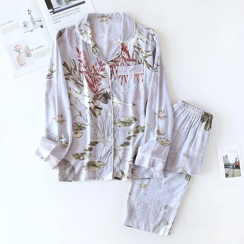 Women's Pajamas Long Sleeves Spring Autumn Two Pieces Set Viscose Cotton Sleepwear Loungewear Set For Female