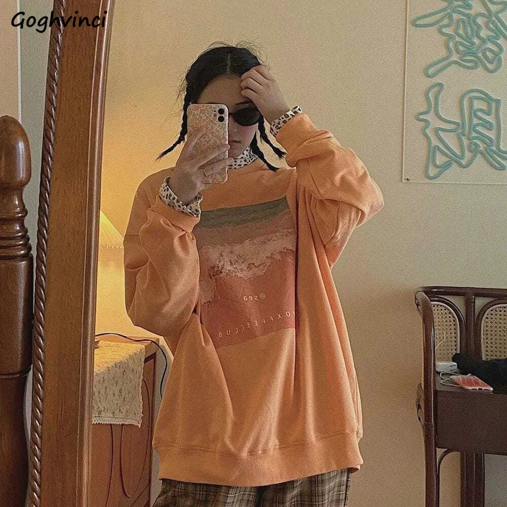 

Hoodies Women Print Oversize Kpop Harajuku Leisure Streetwear Orange Green All-match Vintage Fashion Students O-neck Hoodie New