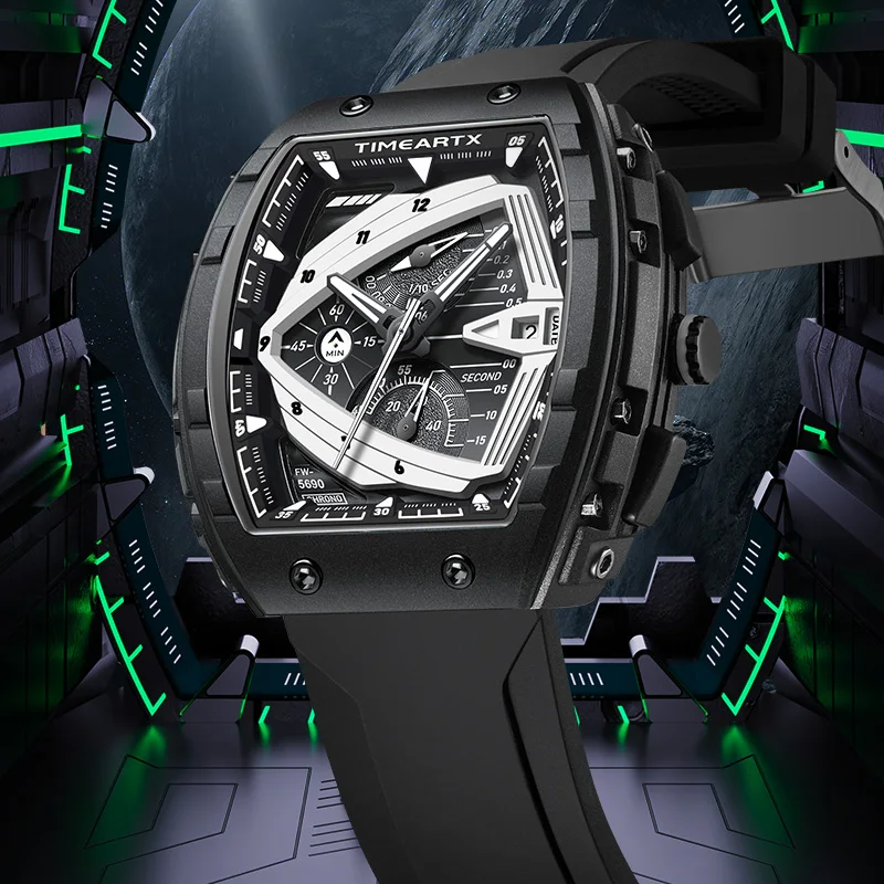 Фото Механические часы TIMEARTX 2026 Luxury Skeleton Tonneau для мужчин, водонепроницаемые спортивные наручные часы с разноцветным силиконовым ремешком №3