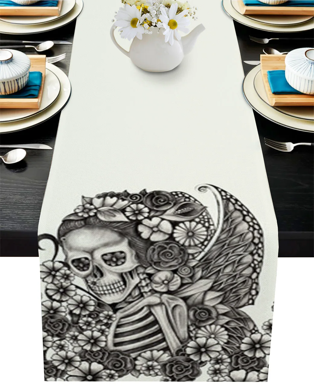 

Skull Sketch Flowers Table Runner Decoration Home Decor Dinner Table Decoration Table Runners Tassel