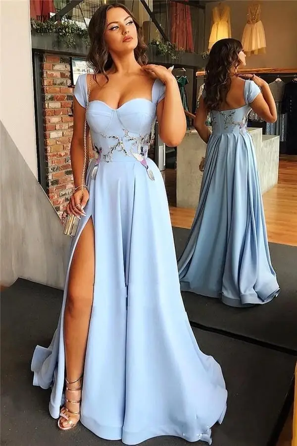 

Sky Blue Long Evening Dress 2022 Elegant Cap Sleeve Party Gowns Sexy Side Slit Appliques Foraml Dress Robe De Soiree Vestidos