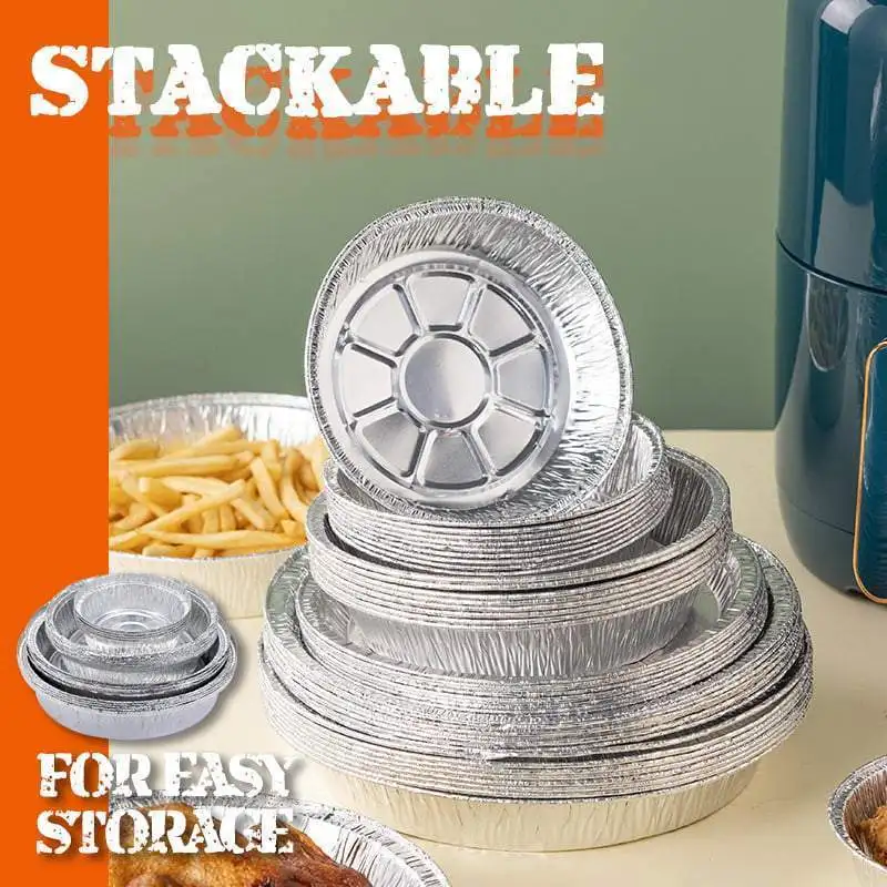 

50pc Oil-Proof Aluminum Foil Tin Box Round Disposable BBQ Tray Non-Stick Liner Steaming Basket Mat for Cake Pastry Food Bakeware