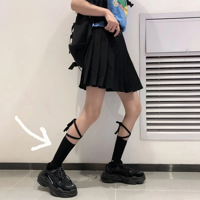 

Women Gothic Ribbed Cotton Calf Socks Japanese Style for Cross Straps Lace-Up Bandage Letters Print Hip Hop Skateboard