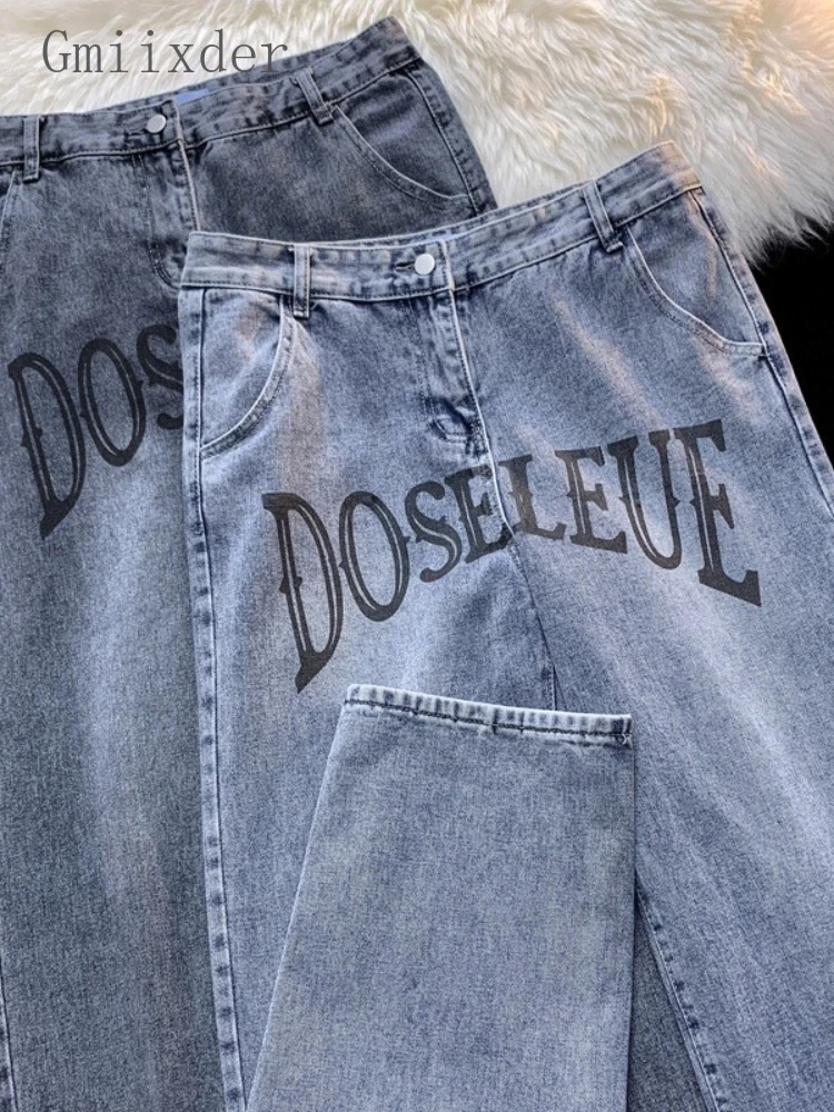 

Vintage Goth Jeans Women American Street Letter Print Wide Leg Jeans Unisex Spring Autumn Unisex Old Washed Straight Denim Pants