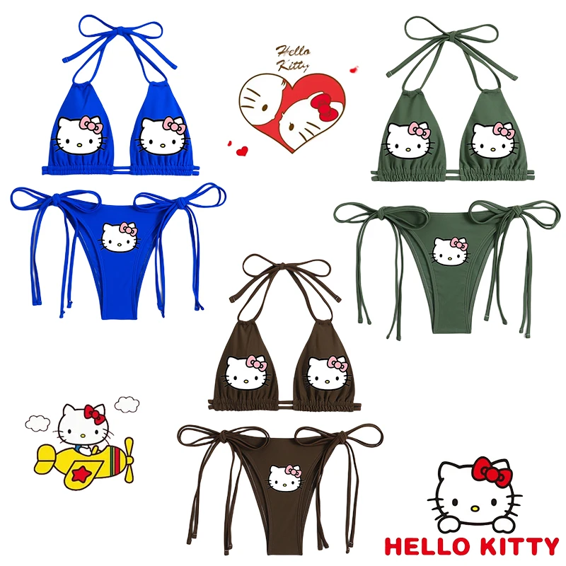 

Cute Summer Hellokitty Kuromi New Sexy Swimwear Cartoon Ins Style Tie Halter Girls Split Triangle Bikini Anime Original Swimsuit