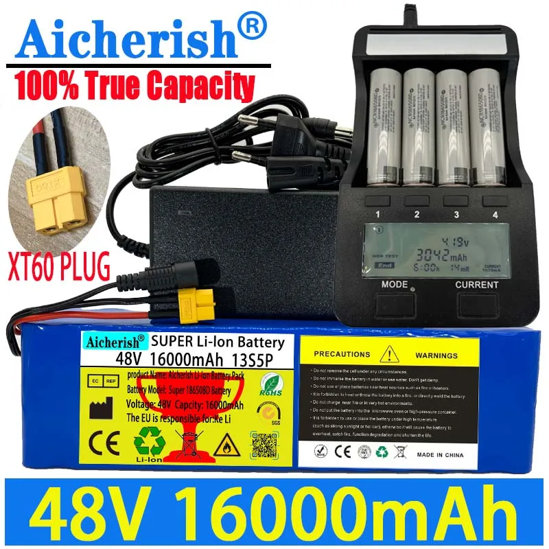 

100% True Capacity E-Bike Aicherish 48V 16000MAh Li-ion 18650 Battery 13S5P 1000W 54.6V Electric Bike Scooter With BMS + Charger