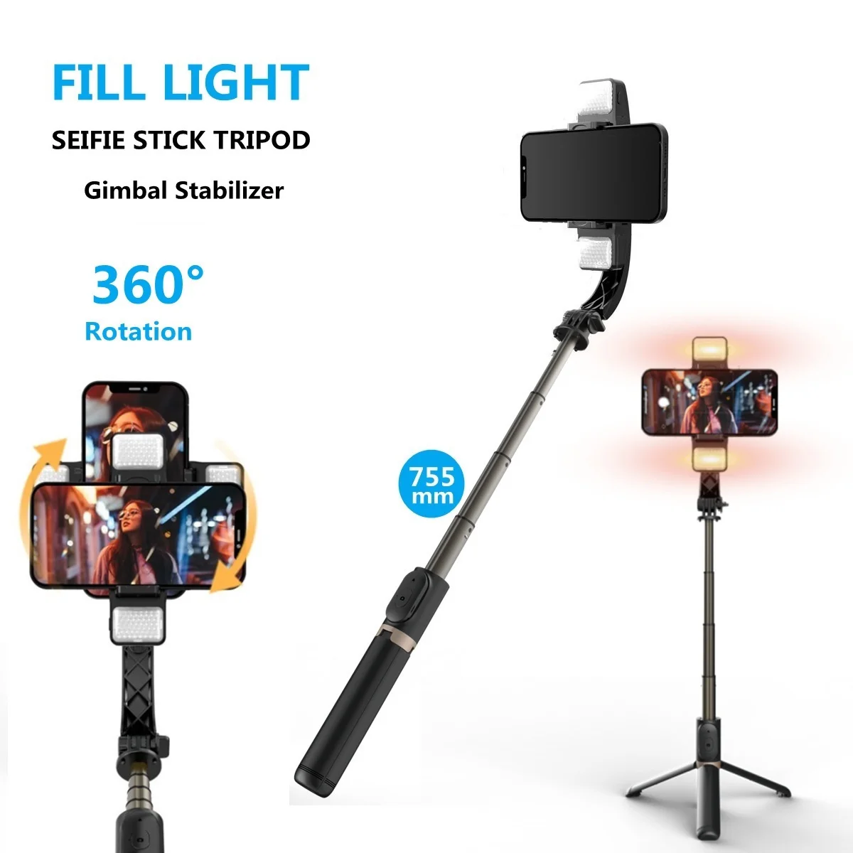 

Wireless Bluetooth Selfie Stick Handheld Gimbal Stabilizer Phone tripod with double fill light shutter for Live Selfie Genuine