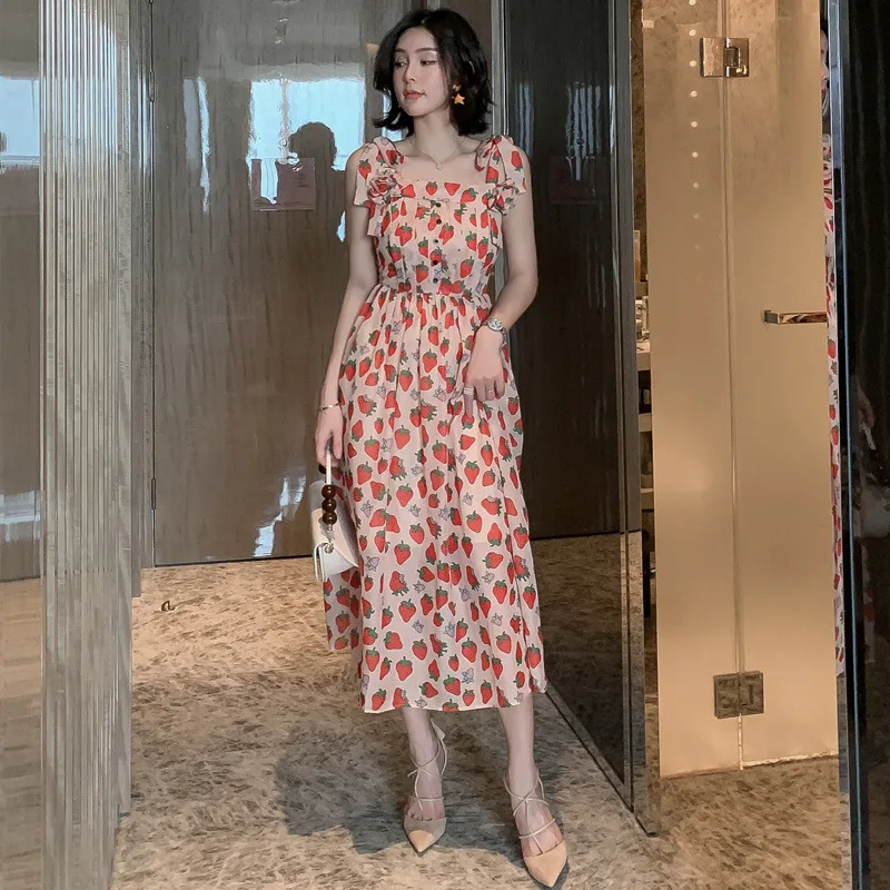 

Summer Dress Cute Dress Strawberry Print Suspender Skirt Women's Fashion Casual Chiffon A-line Dress Girl Long Skirt Women