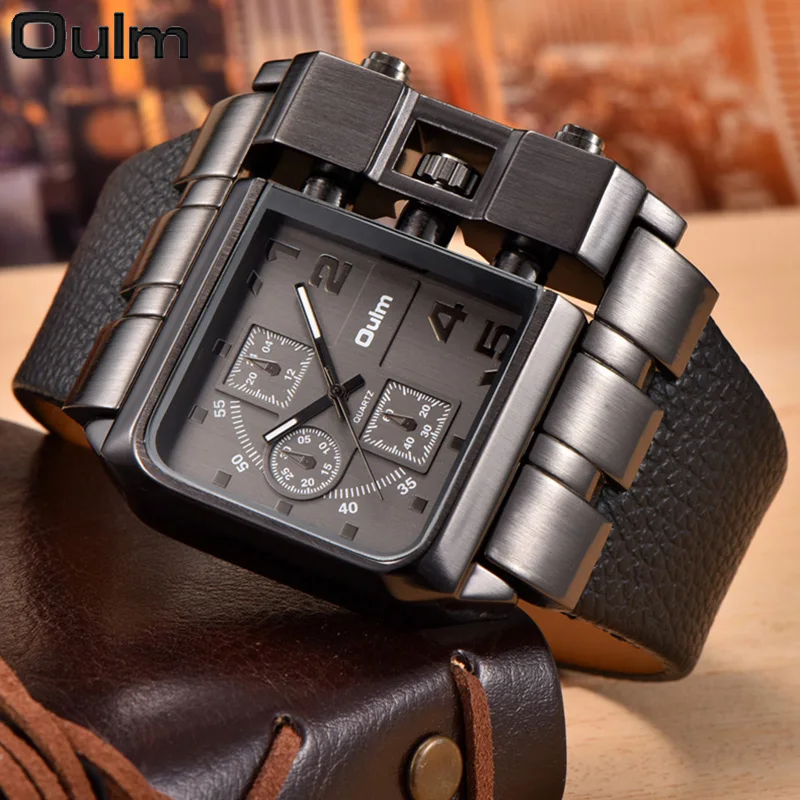Часы Oulm 3364 Мужские кварцевые с квадратным циферблатом люксовые брендовые