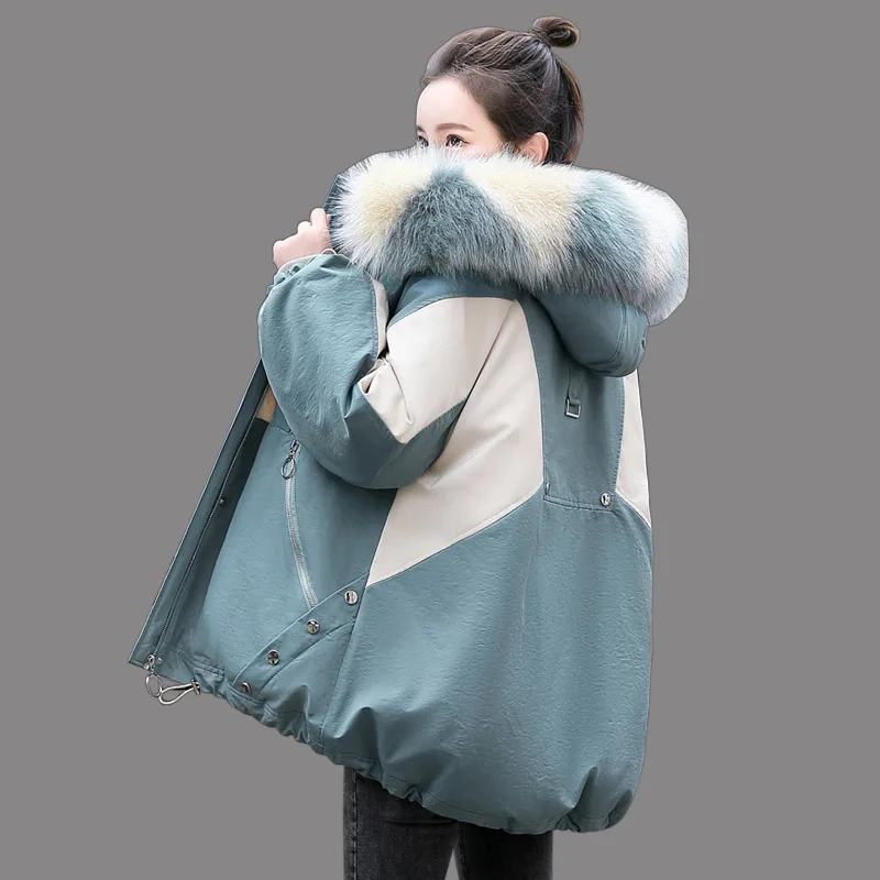 2022 Winter New Women Parka Down Jacket Fashion Design Sense Stitching Casual Loose Plus Velvet Warm Fur Collar Plus Size Coat