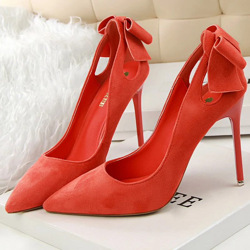 

2022 Sexy Women 10.5cm Stripper High Heels Pumps Scarpin Orange Pink Heels Female Butterfly Knot Stiletto High Heels Party Shoes