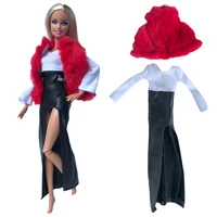 nk official 2 items set fashion winter outfit fur red coat long dress modern clothes for barbie doll accessories toys