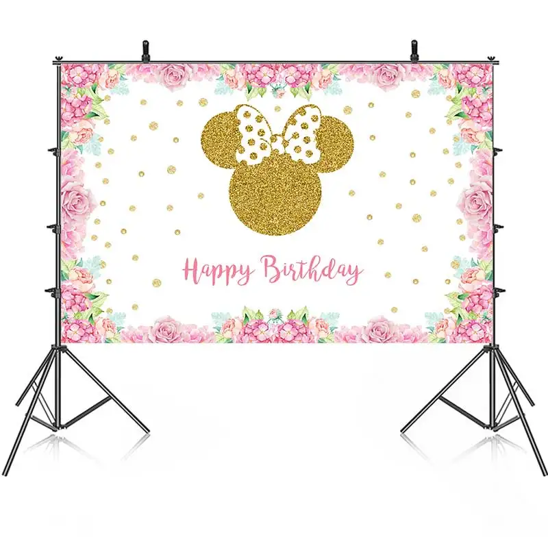 

Golden Mouse Head Birthday Backdrop Photography Baby Shower Pink Flowers Gold Dots Background Party Banner Custom Name Pic