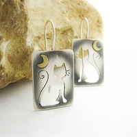 minimalism cute cat earrings boho vintage rectangle metal hand carved hollow moon animal pattern pendant earrings