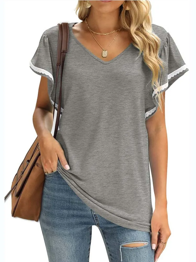 

Модные женские летние однотонные футболки лоскутный дизайн с оборками Декор V-образный вырез рукав-бабочка повседневные свободные пуловер...