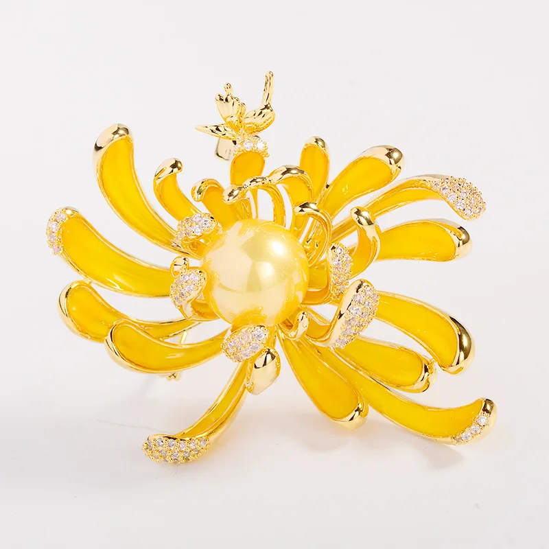 Oil Drop Flower Brooches Pins For Ladies Brand Design Yellow Floral Butterfly Corsage Luxury Statement Jewelry