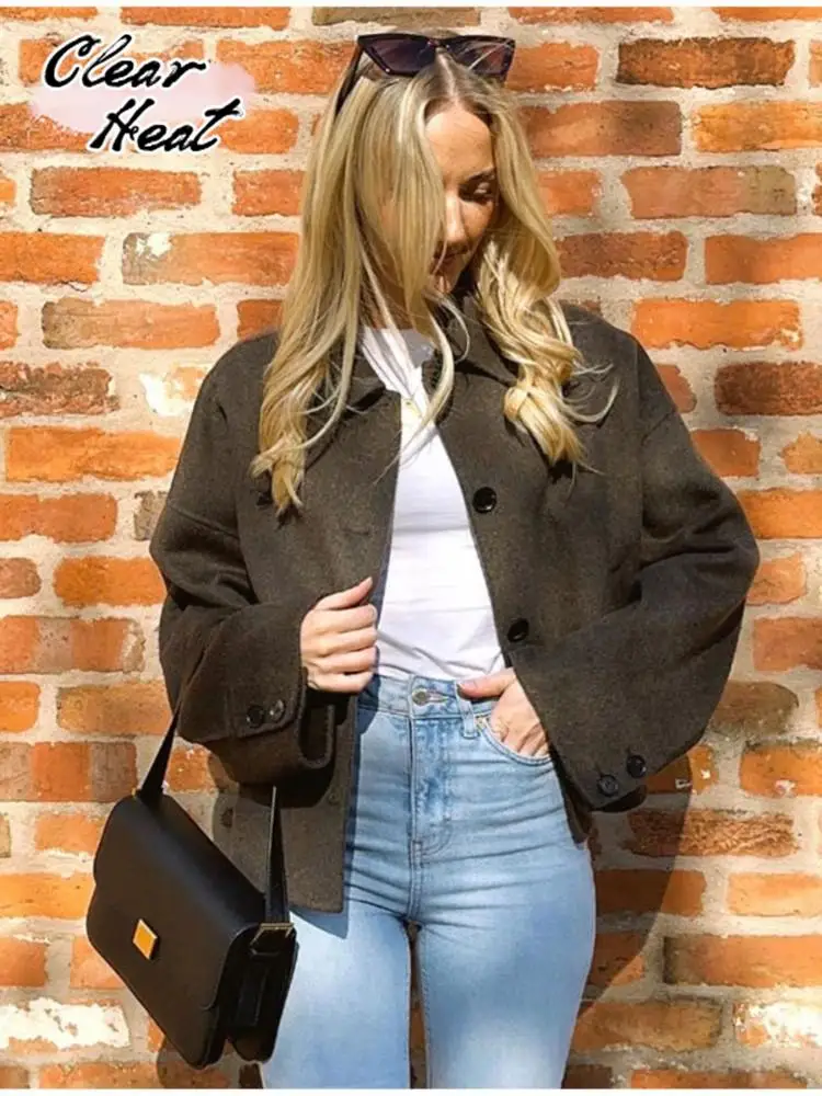 

Wool Blend Fashion Coat For Women Casual Lapel Single Breasted Long Sleeve Coats Female Thickened Vintage Street Outerwear 2023