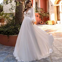 illusion chiffon lace appliques simple wedding dress boho a line button lantern sleeve bridal gowns sweep train vestido de novia