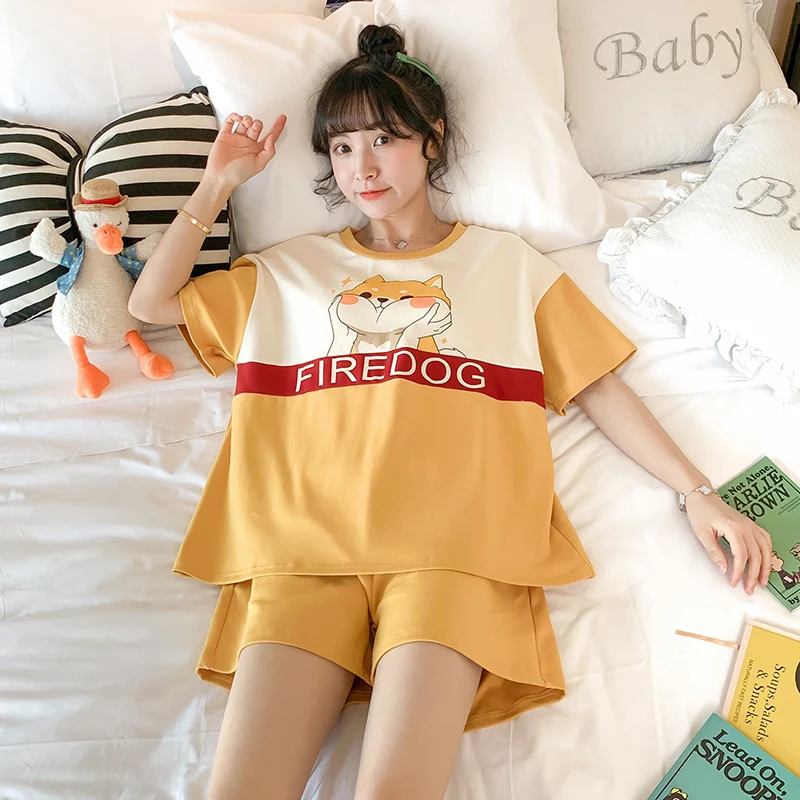 Pullover Pajamas Outwear Set Women's Sleepwear 2021 Summer Casual Loose Printed Pajama Sets Short Sleeve Pj Cartoon Pyjamas Set