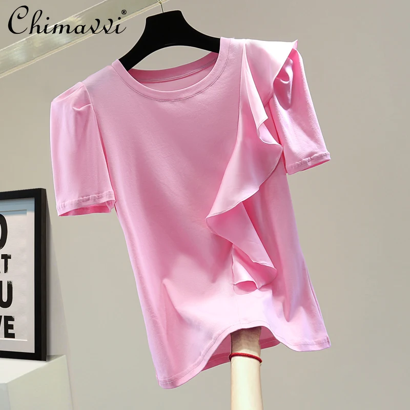 

Ruffled Stitching Puff Sleeve T-shirt 2022 Summer New KoreanFashion Loose Slimming Solid Color Casual Stretch Short Sleeve Top