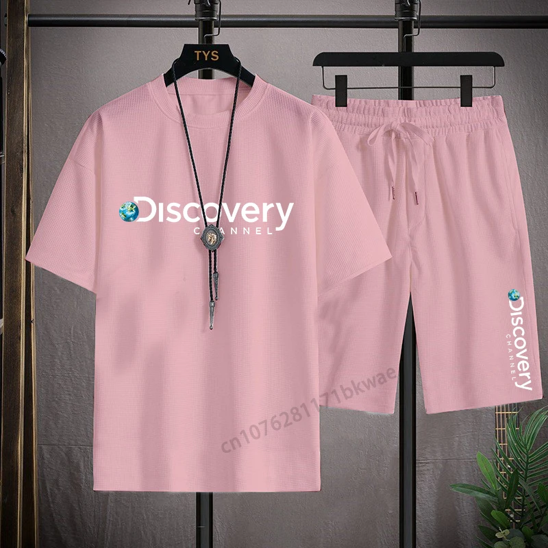 Discovery Channel cotton men's shorts set oversized letter print 2kT-shirt shorts summer new women's 2-piece luxury sports suit