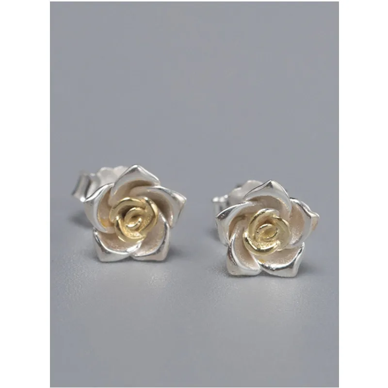 

Allergy-friendly S925 Silver Retro Gold Five-petal Rose Earrings for Women Female Lady Temperament Flower Ear Studs Jewelry
