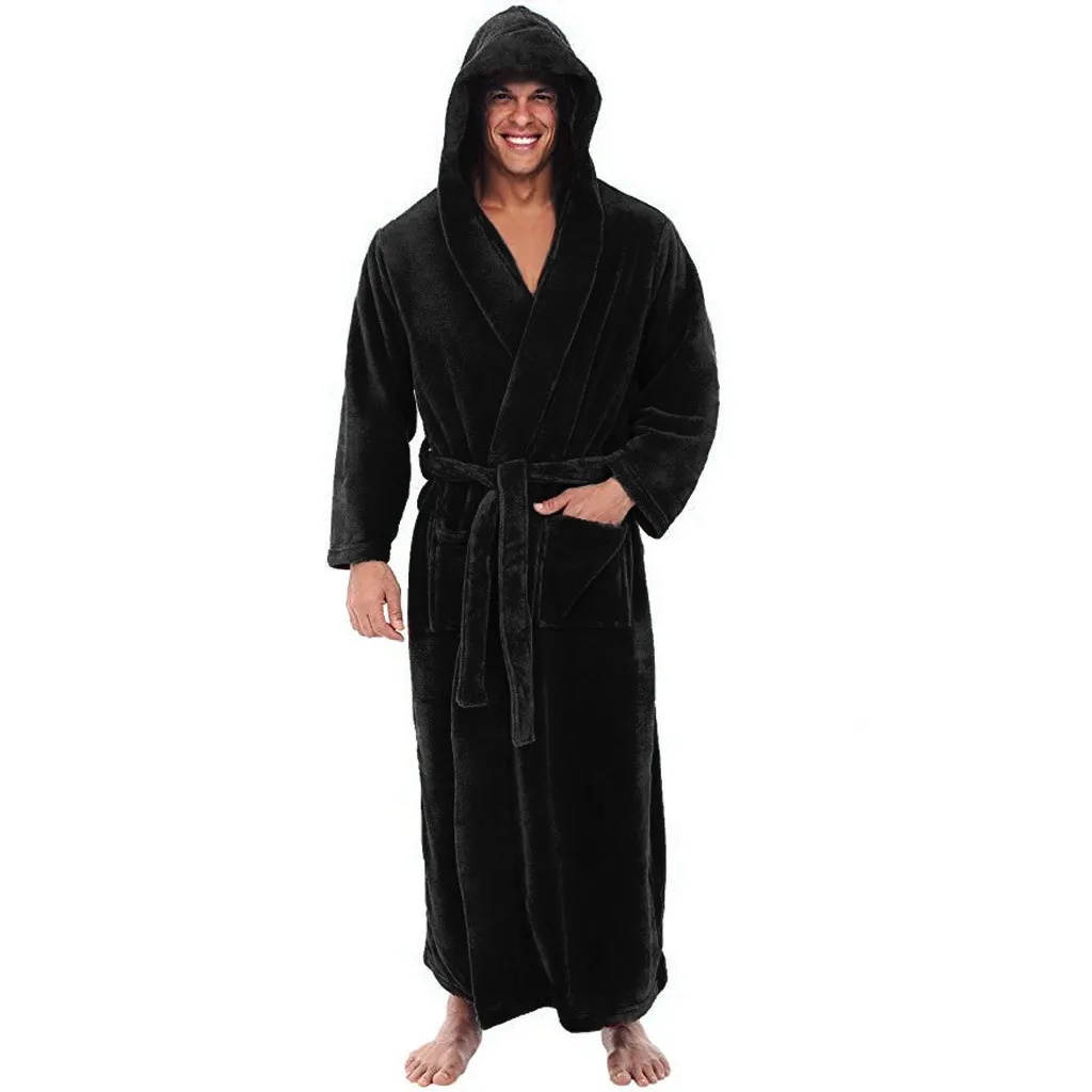 

Men'S Warm And Thick Hooded Nightgown In Winter Men'S Winter Plush Lengthened Shawl Bathrobe Home Clothes Long Sleeved Robe Coat