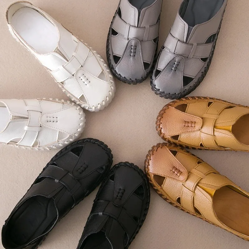 Summer Retro Gladiator Sandals For Women Genuine Leather Slip On Flat Shoes Cosy Ladies Loafer Sandals Elderly Sandals Mom Shoes