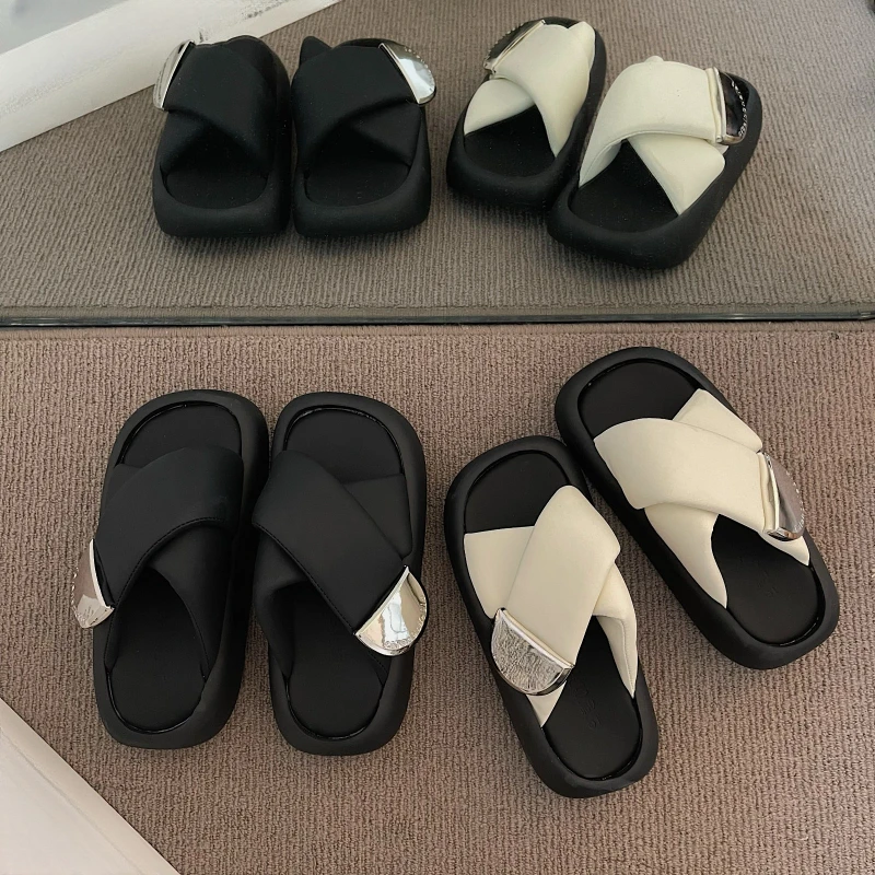 

BCEBYL Summer Square Toe Metal Decoration Fashion Women's Shoes New Thick Bottom Comfortable Wear-resistant Casual Flat Slippers