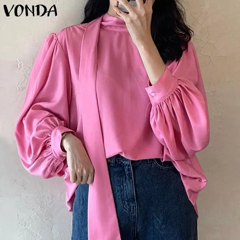 

VONDA Elegant Spring Women Long Sleeve Pleated Chemise Tops Stand Collar Party Street Blusa Shirt Lace-up Solid BlousesOversize