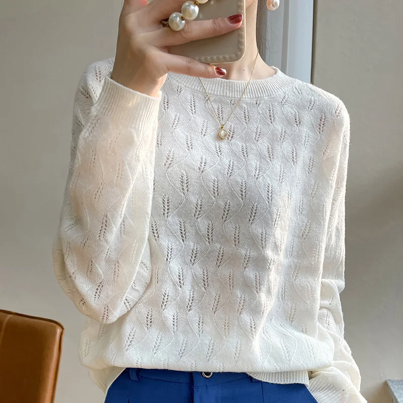 

Women's Sweater 2022 New Fashion O-Neck Hollow Out Jumper 100% Wool Sweater Woman Sexy Sweaters And Pullovers Long Sleeve Tops