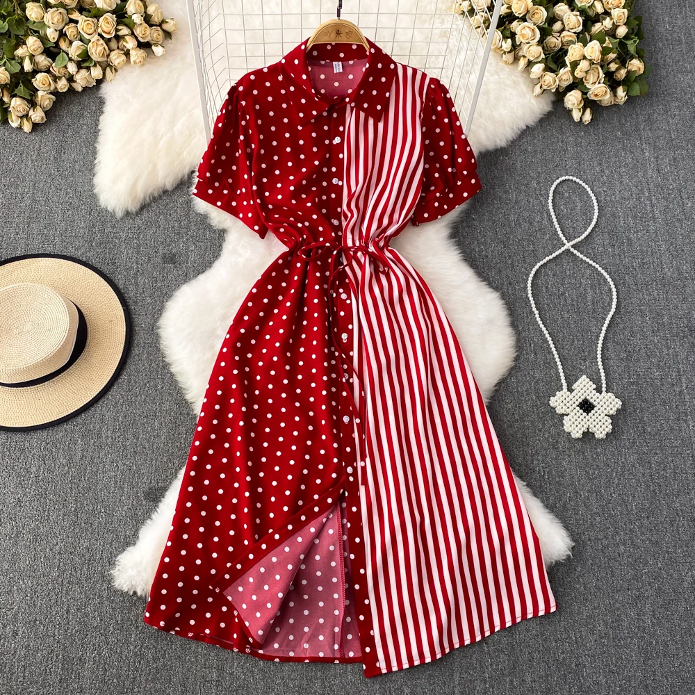 

2023 Summer Short Sleeve Polo Neck Waist Single breasted Mid length A-line Polo Dot Shirt Dress
